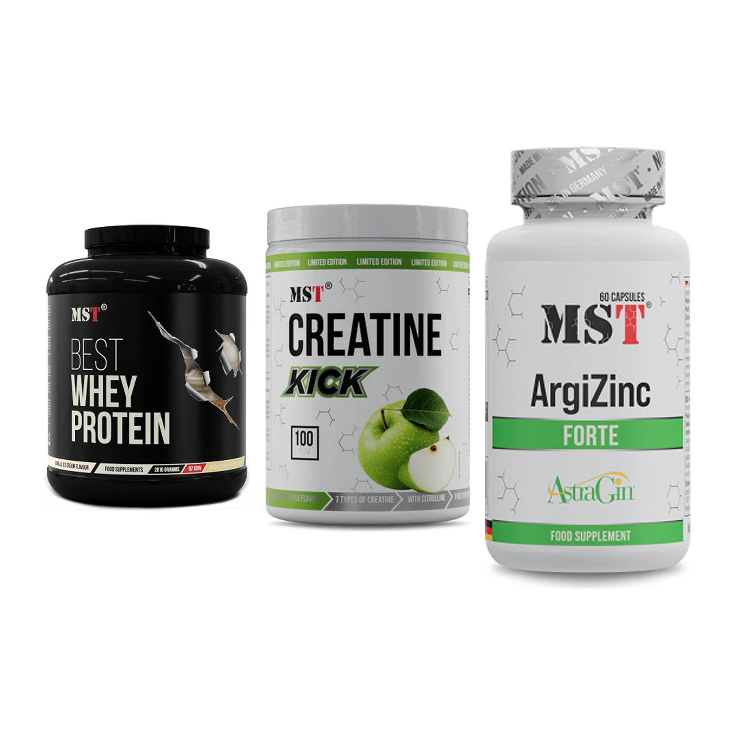 MST Marken-Trio: Best Whey Protein + Creatine Kick + ArgiZinc Forte – alle enthaltenen Artikel
