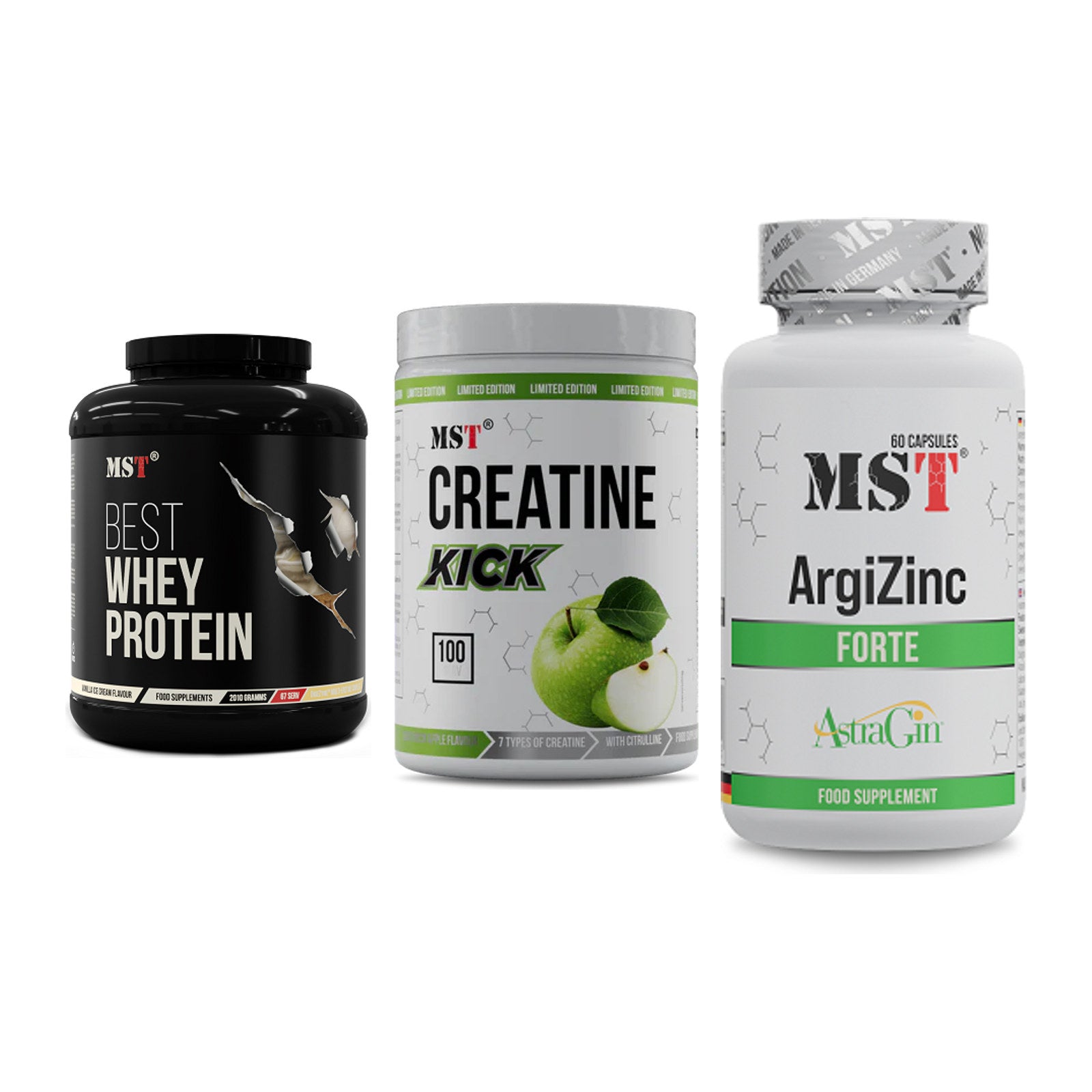 MST Marken-Trio: Best Whey Protein + Creatine Kick + ArgiZinc Forte – alle enthaltenen Artikel