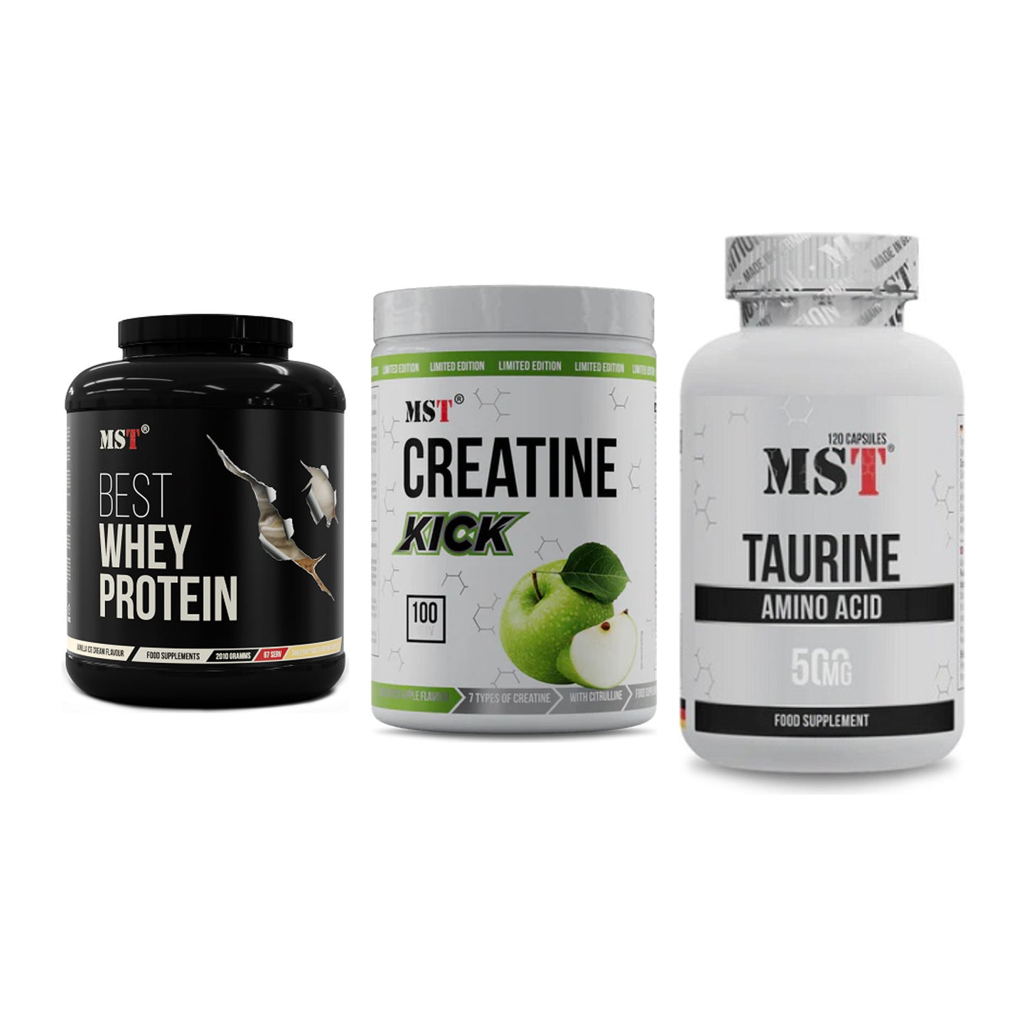 MST Marken-Trio: Best Whey Protein + Creatine Kick + Taurine – alle enthaltenen Artikel