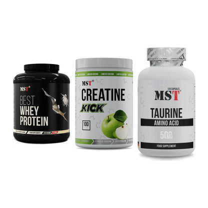 MST Marken-Trio: Best Whey Protein + Creatine Kick + Taurine – alle enthaltenen Artikel