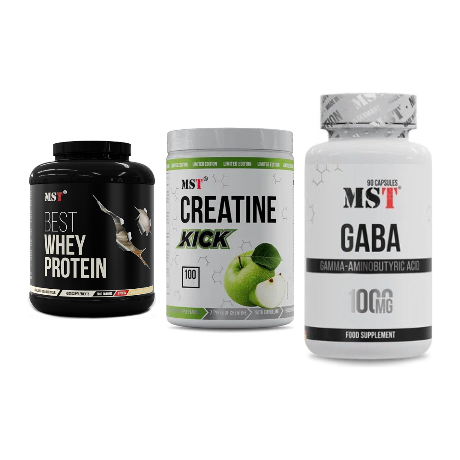 MST Marken-Trio: Best Whey + Creatine Kick + GABA 1000mg – alle enthaltenen Artikel