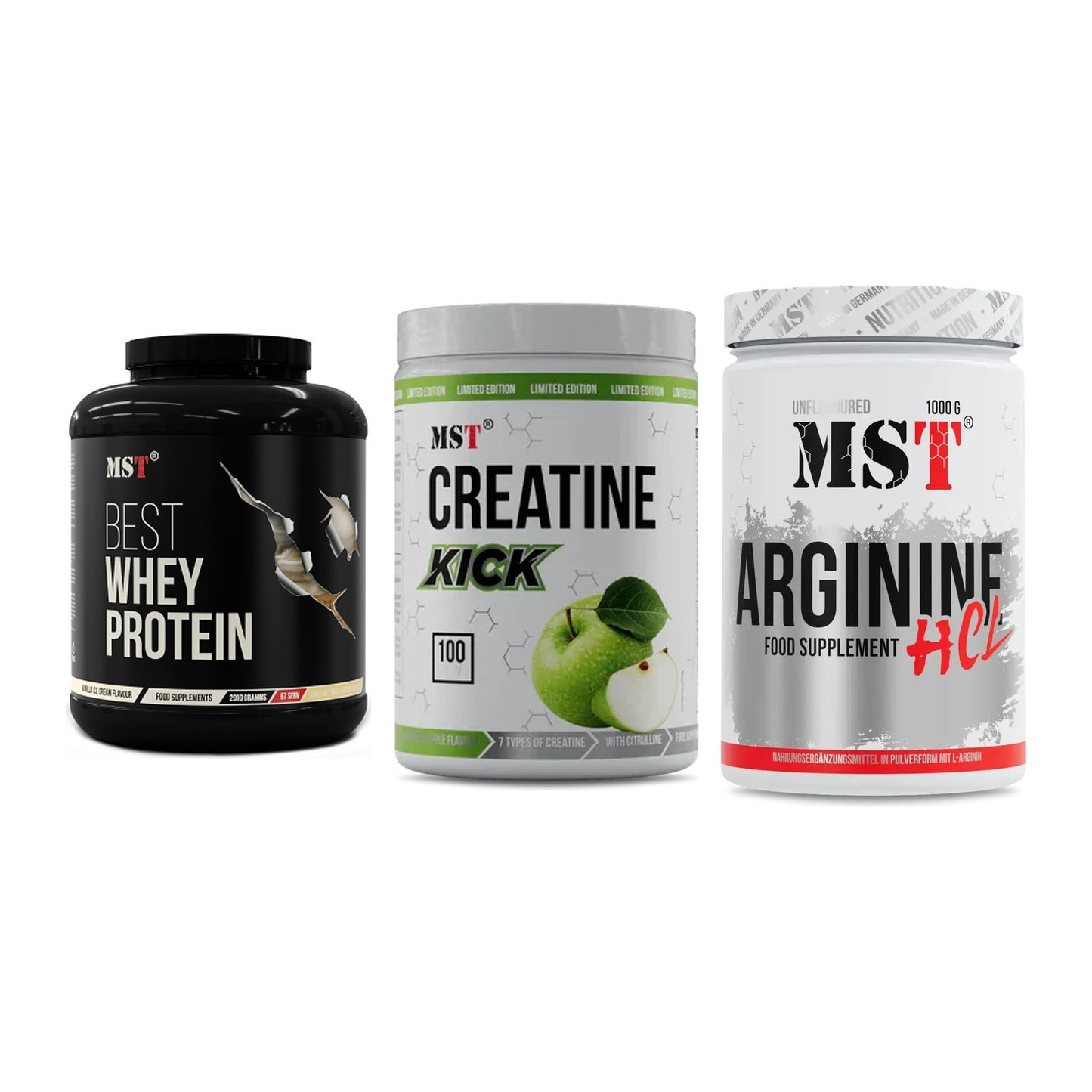 MST Marken-Trio: Best Whey + Creatine Kick + Arginine HCL – alle enthaltenen Artikel