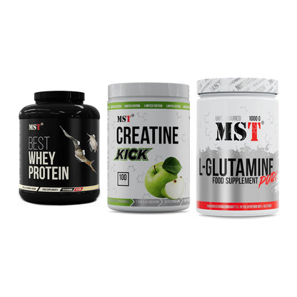 MST Marken-Trio: Best Whey Protein + Creatine Kick + Glutamine – alle enthaltenen Artikel