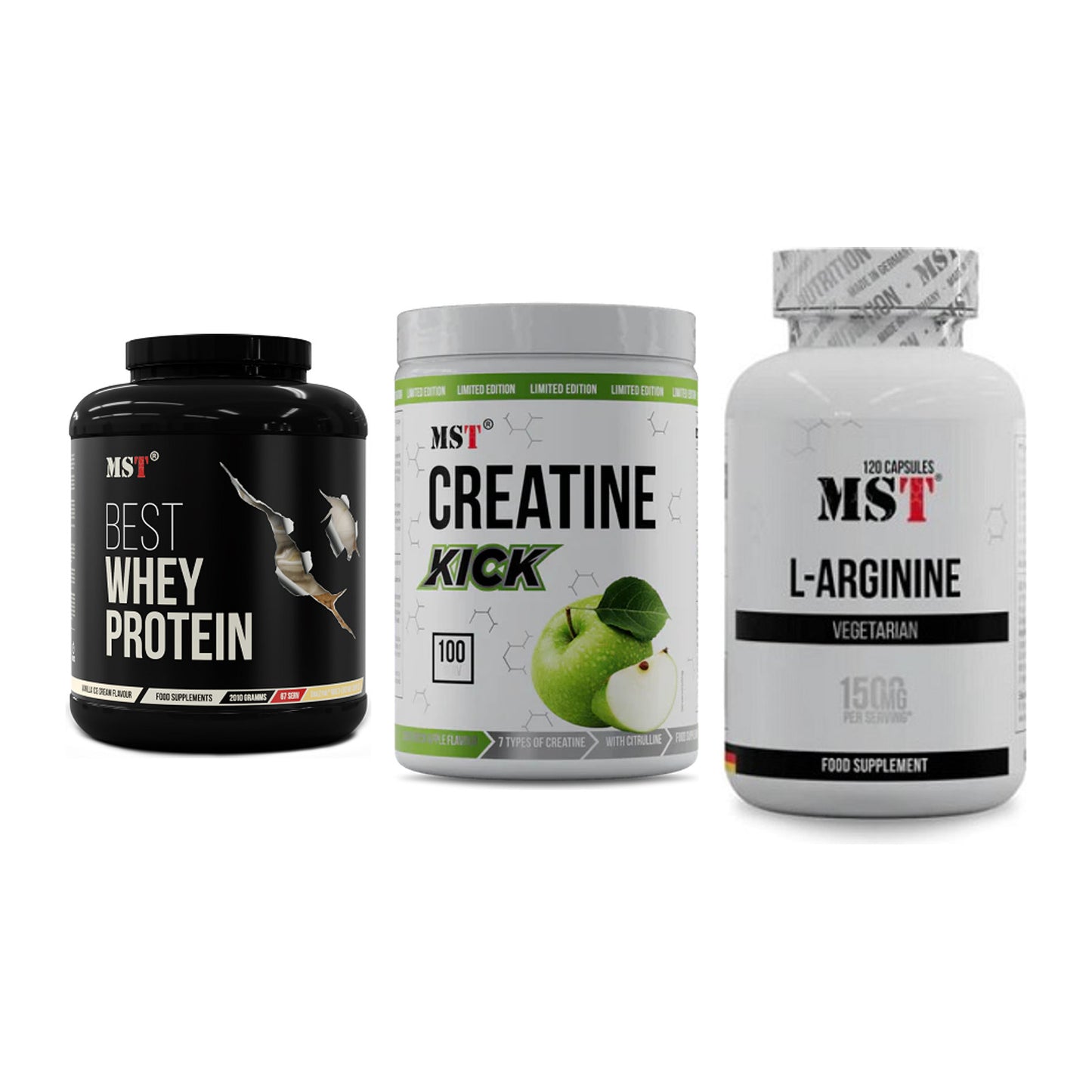 MST Marken-Trio: Best Whey + Creatine Kick + L-Arginine 120 – alle enthaltenen Artikel