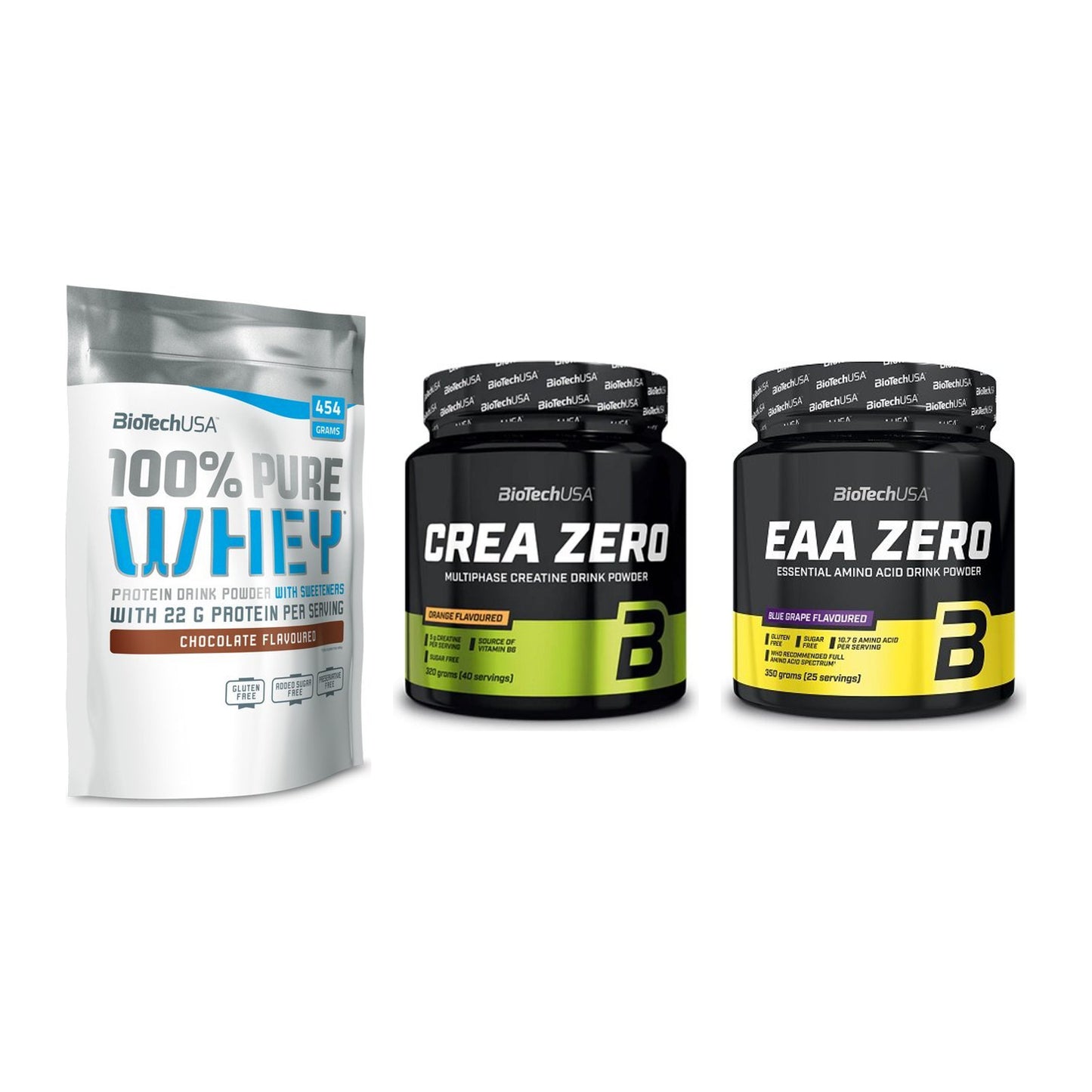 BioTech USA Marken-Trio: 100% Pure + Crea Zero + EAA Zero 350g – alle enthaltenen Artikel