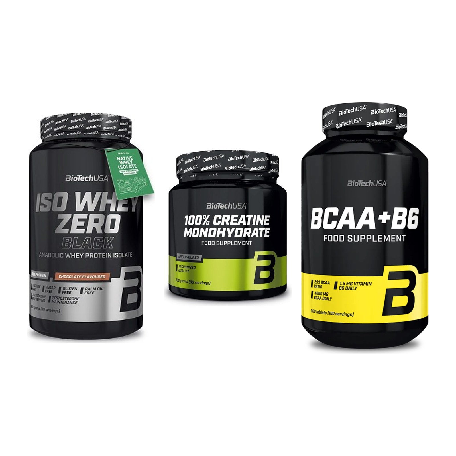 BioTech USA Marken-Trio: Iso Whey Zero + Creatine + BCAA+B6 200 – alle enthaltenen Artikel