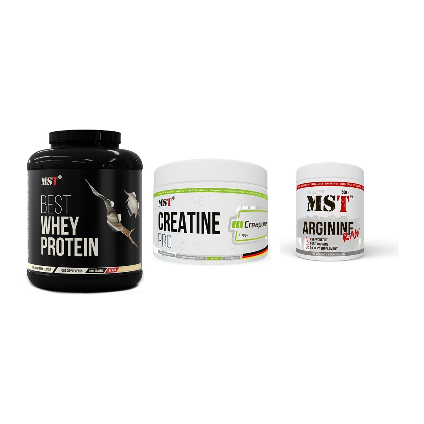 MST Marken-Trio: Best Whey + Creatin Pro + Arginine RAW – alle enthaltenen Artikel