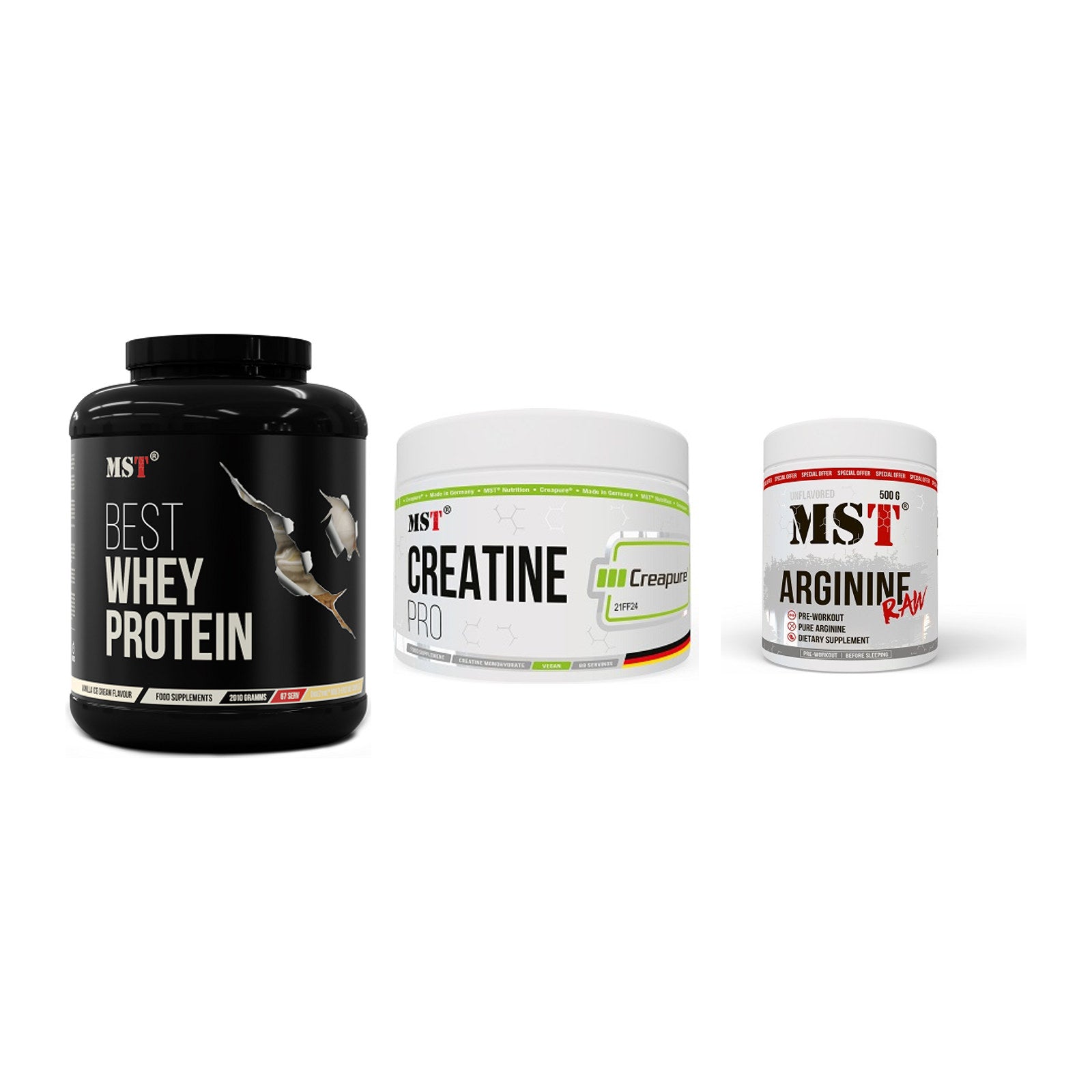 MST Marken-Trio: Best Whey + Creatin Pro + Arginine RAW – alle enthaltenen Artikel