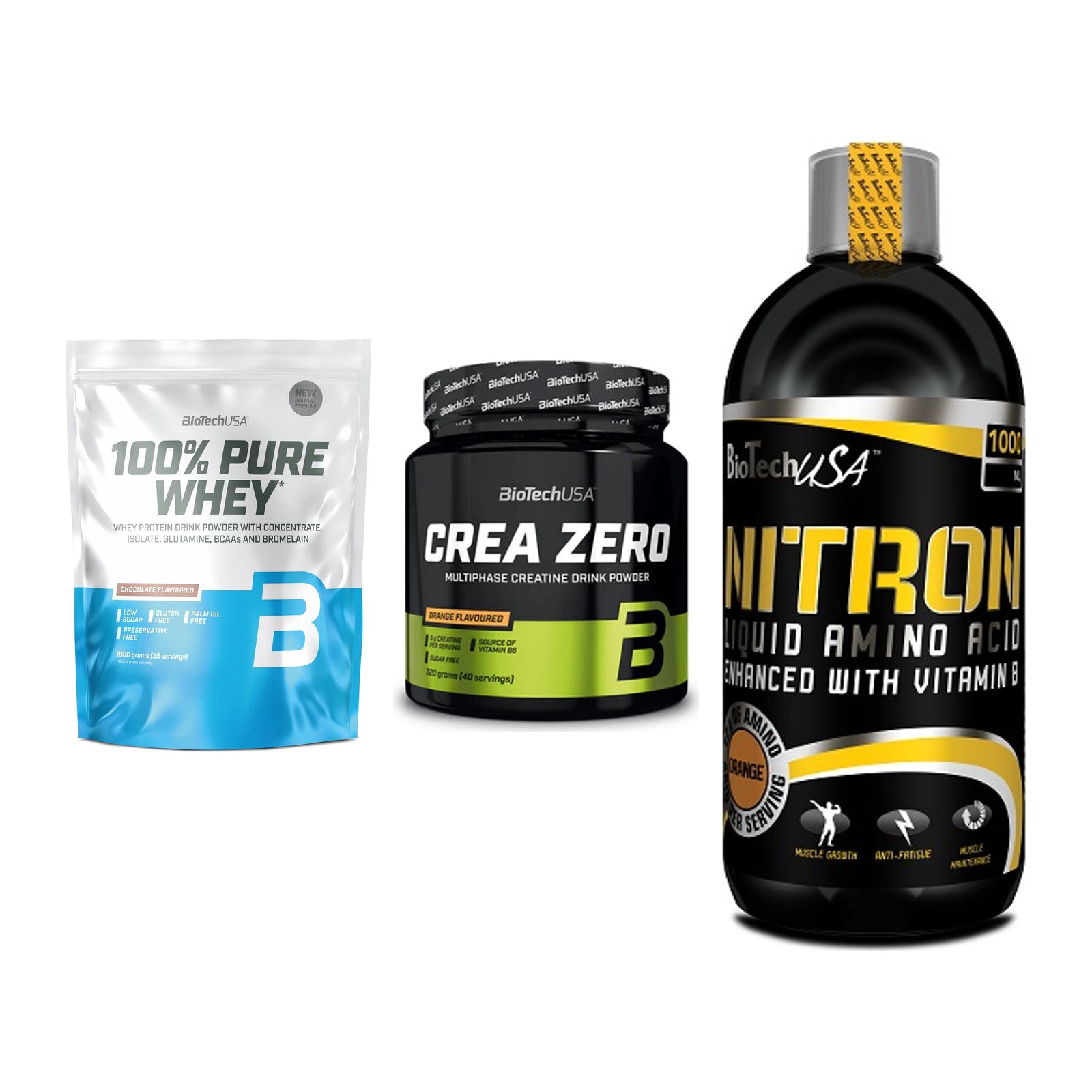 BioTech USA Marken-Trio: 100% Pure Whey + Crea Zero + Liquid Amino – alle enthaltenen Artikel