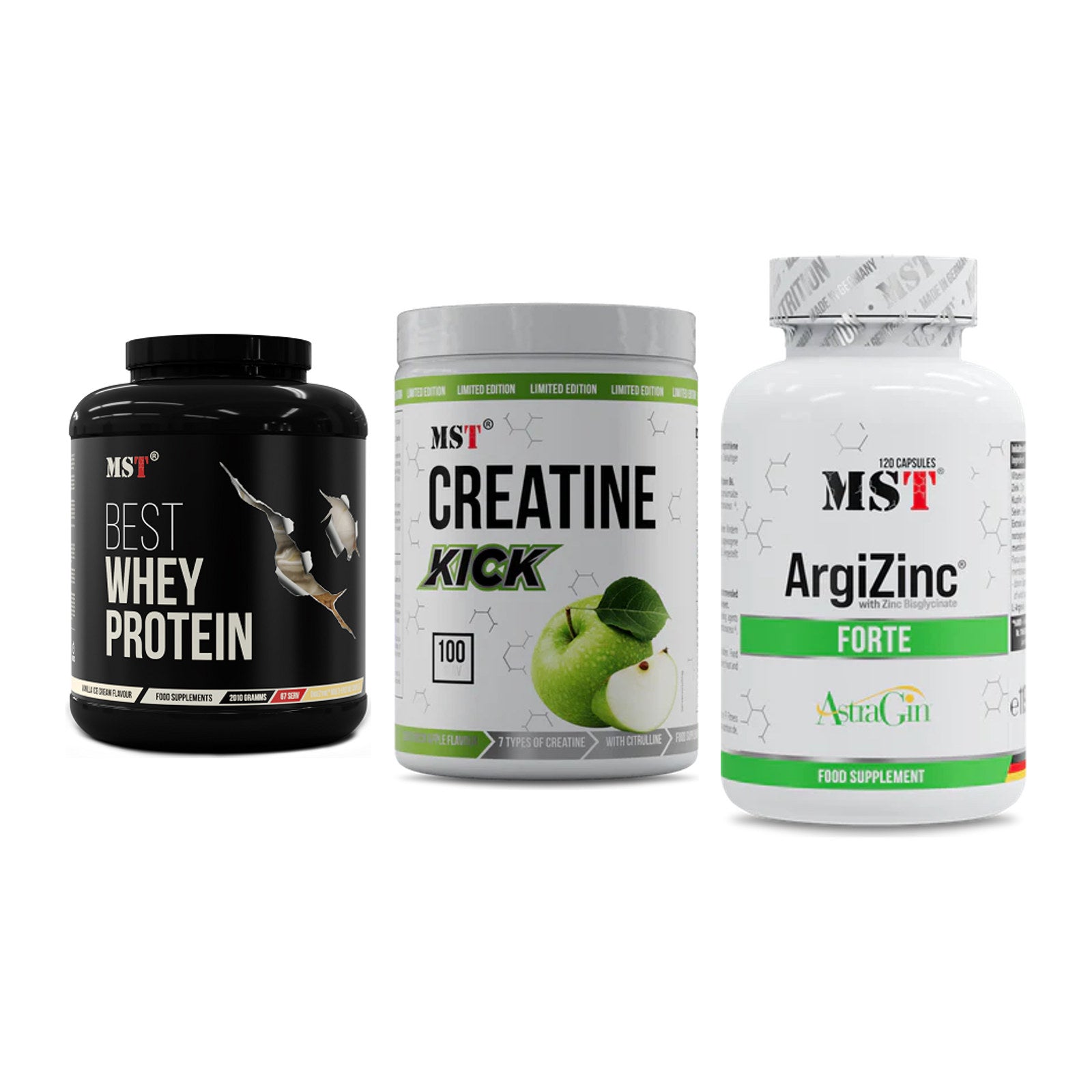 MST Marken-Trio: Best Whey Protein + Creatine Kick + ArgiZinc Forte – alle enthaltenen Artikel