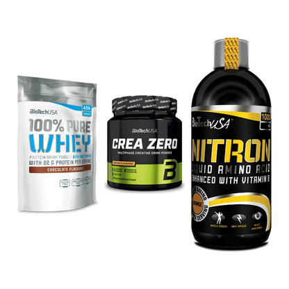 BioTech USA Marken-Trio: 100% Pure Whey + Crea Zero + Liquid Amino – alle enthaltenen Artikel