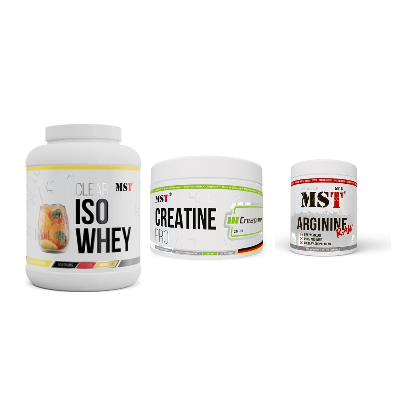 MST Marken-Trio: Iso Clear + Creatin Pro CREAPURE + Arginine RAW – alle enthaltenen Artikel