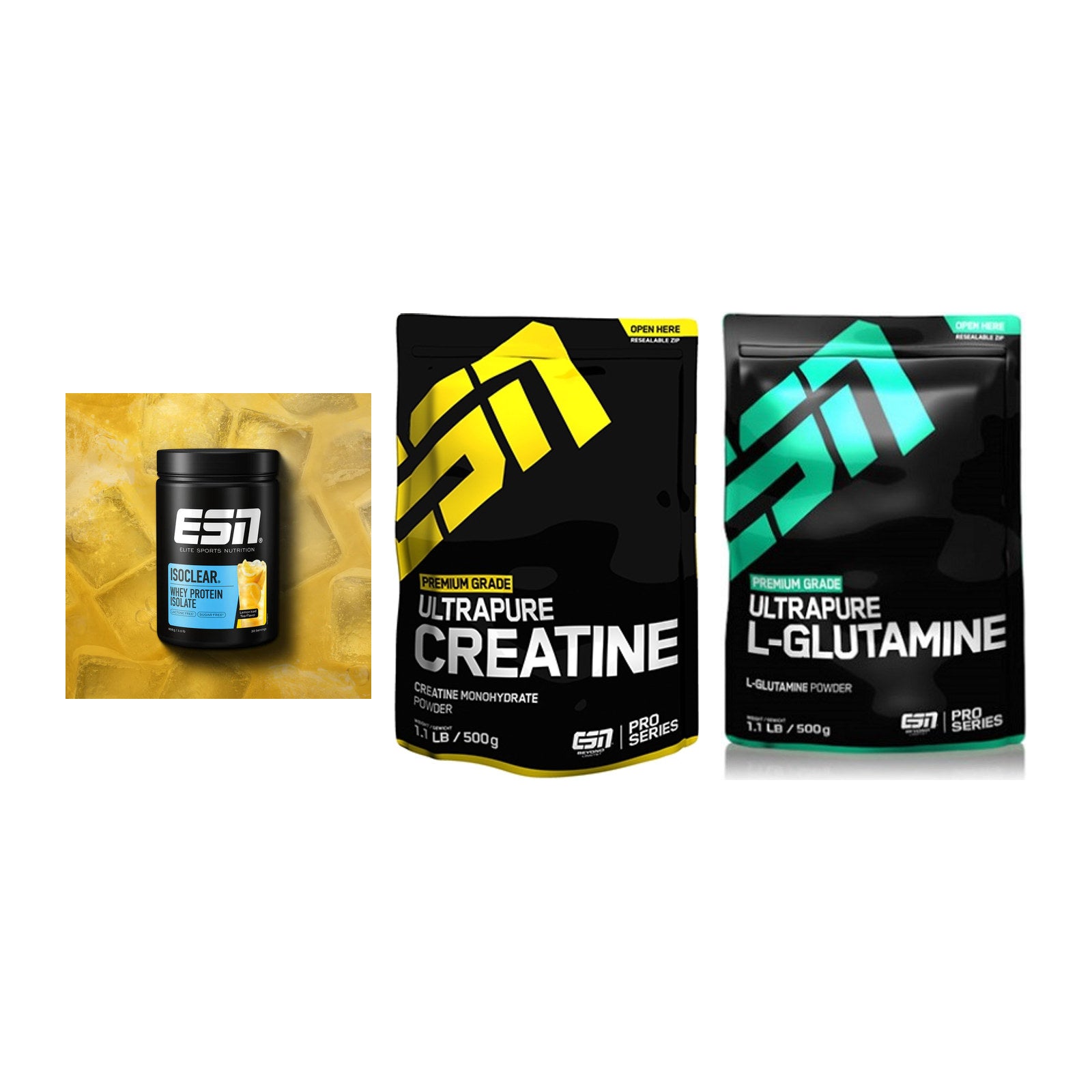 ESN Marken-Trio: ISOCLEAR Whey + Ultrapure Creatine + 1 weitere – alle enthaltenen Artikel