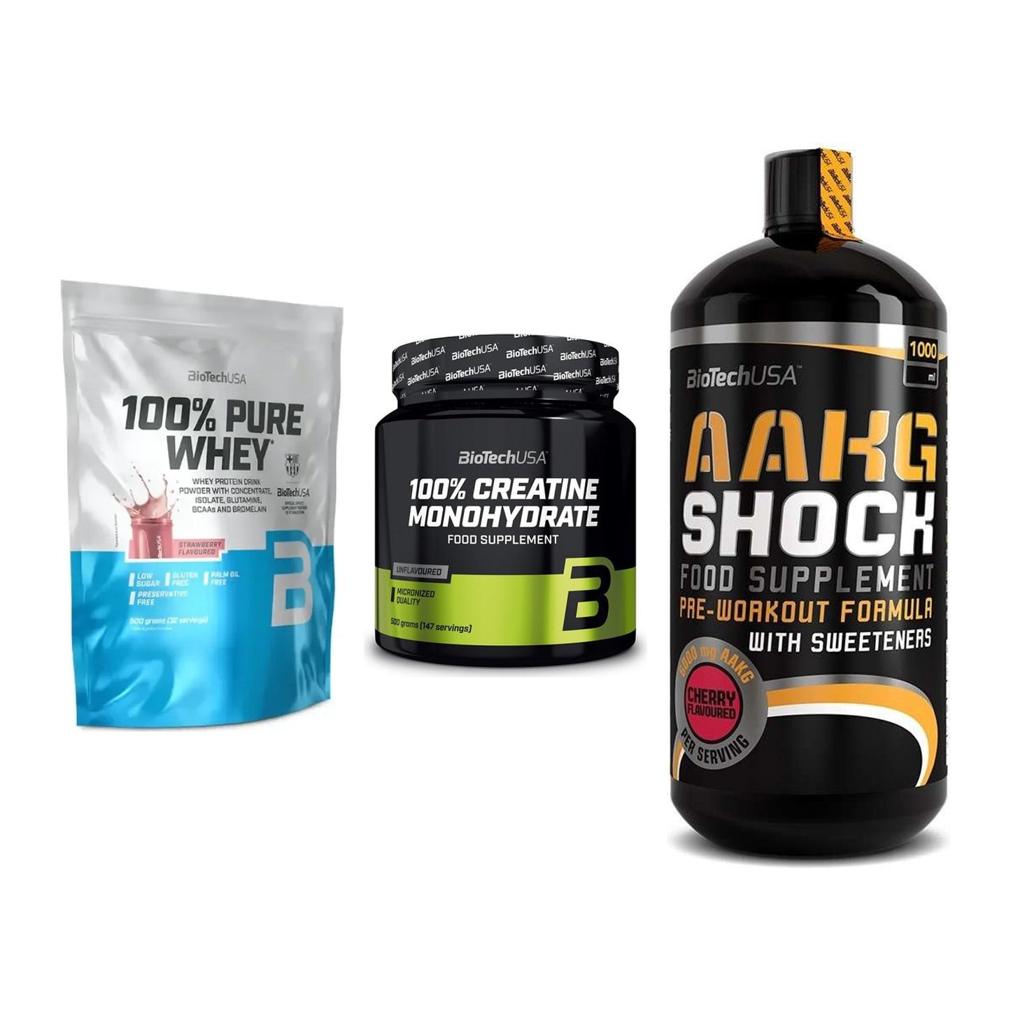BioTech USA Marken-Trio: 100% Pure + Creatine + AAKG Shock – alle enthaltenen Artikel