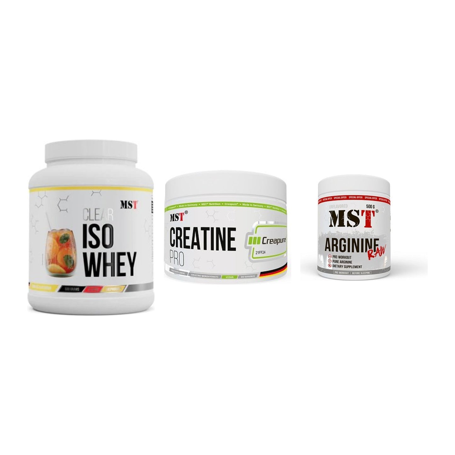 MST Marken-Trio: Iso Clear + Creatin Pro CREAPURE + Arginine RAW – alle enthaltenen Artikel