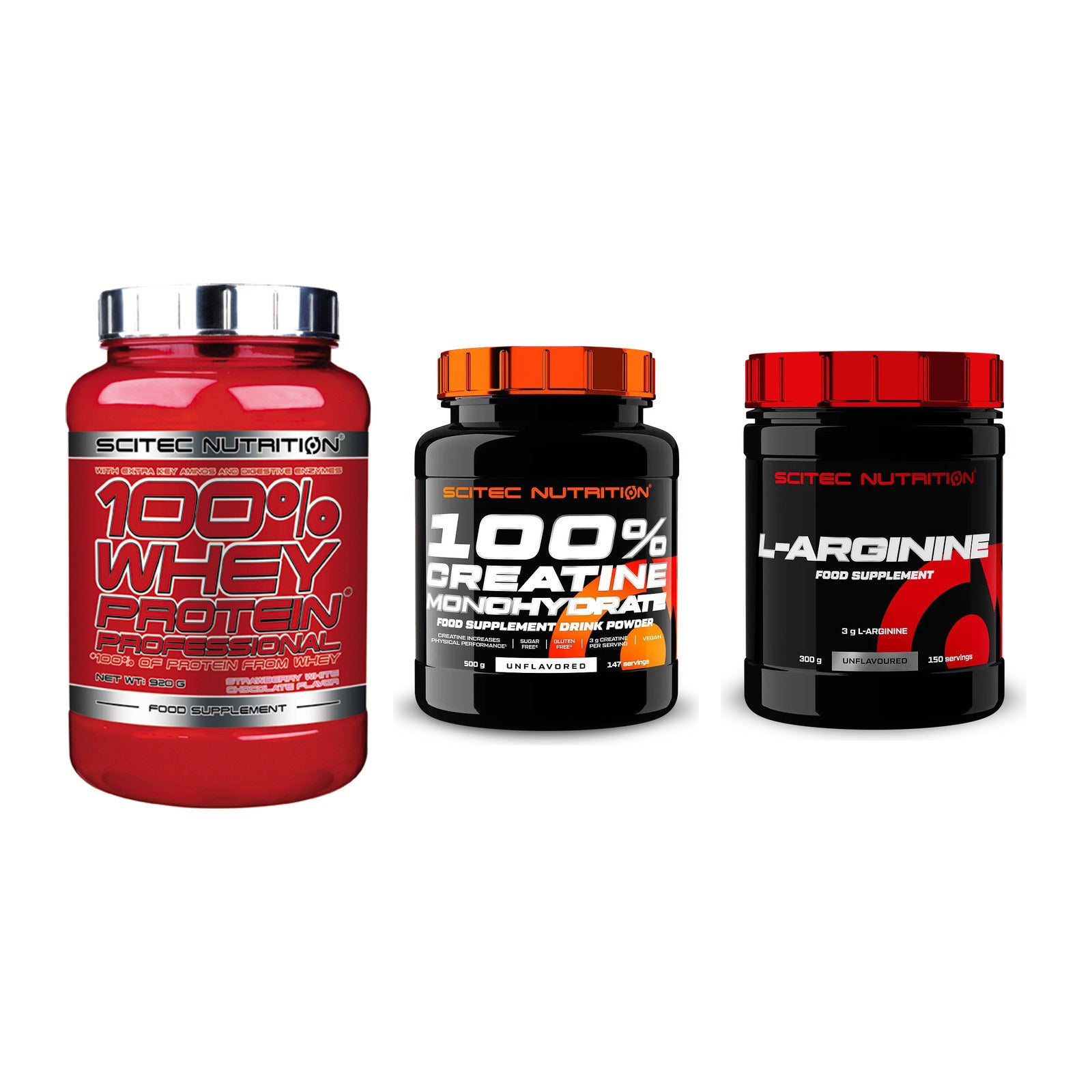 Scitec Nutrition Marken-Trio: 100% Whey + Creatine + 1 weitere – alle enthaltenen Artikel