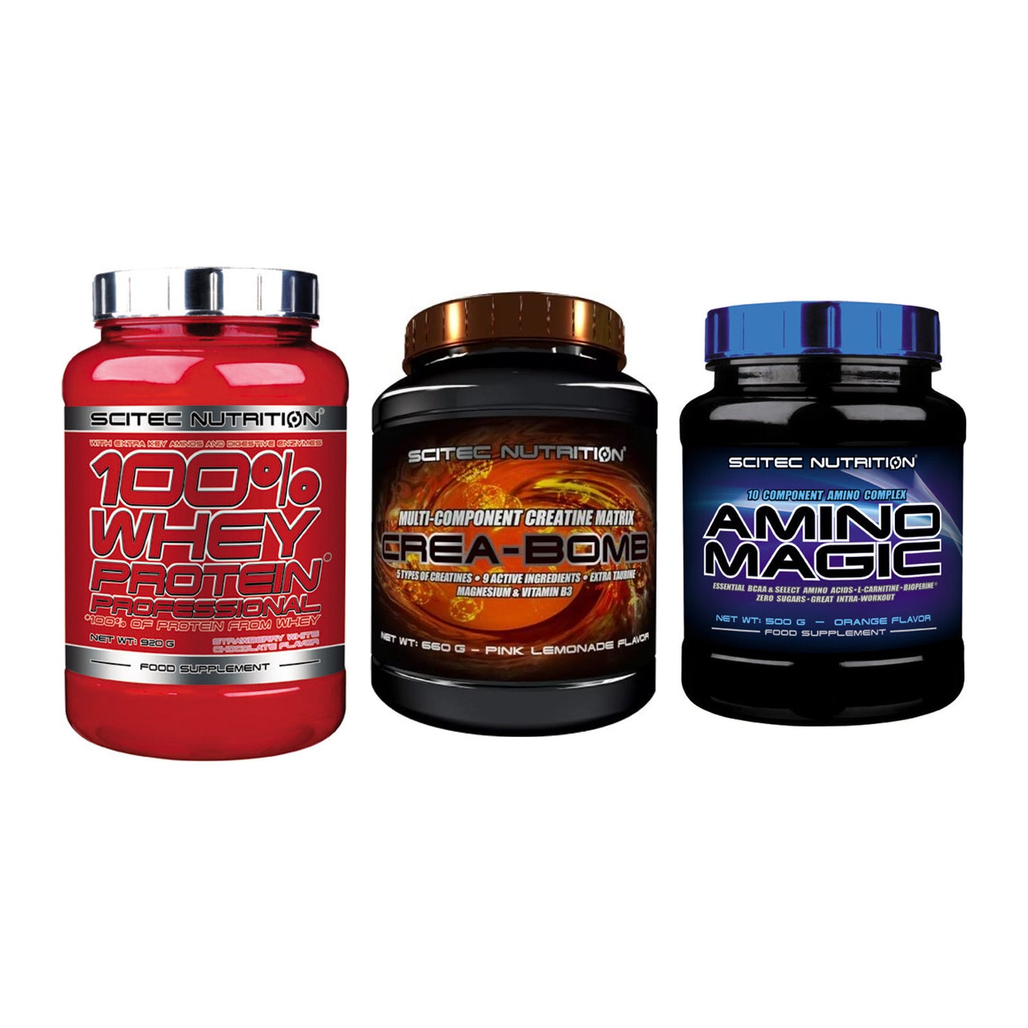Scitec Nutrition Marken-Trio: 100% Whey + Crea-Bomb + 1 weitere – alle enthaltenen Artikel