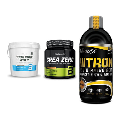 BioTech USA Marken-Trio: 100% Pure Whey + Crea Zero + Liquid Amino – alle enthaltenen Artikel