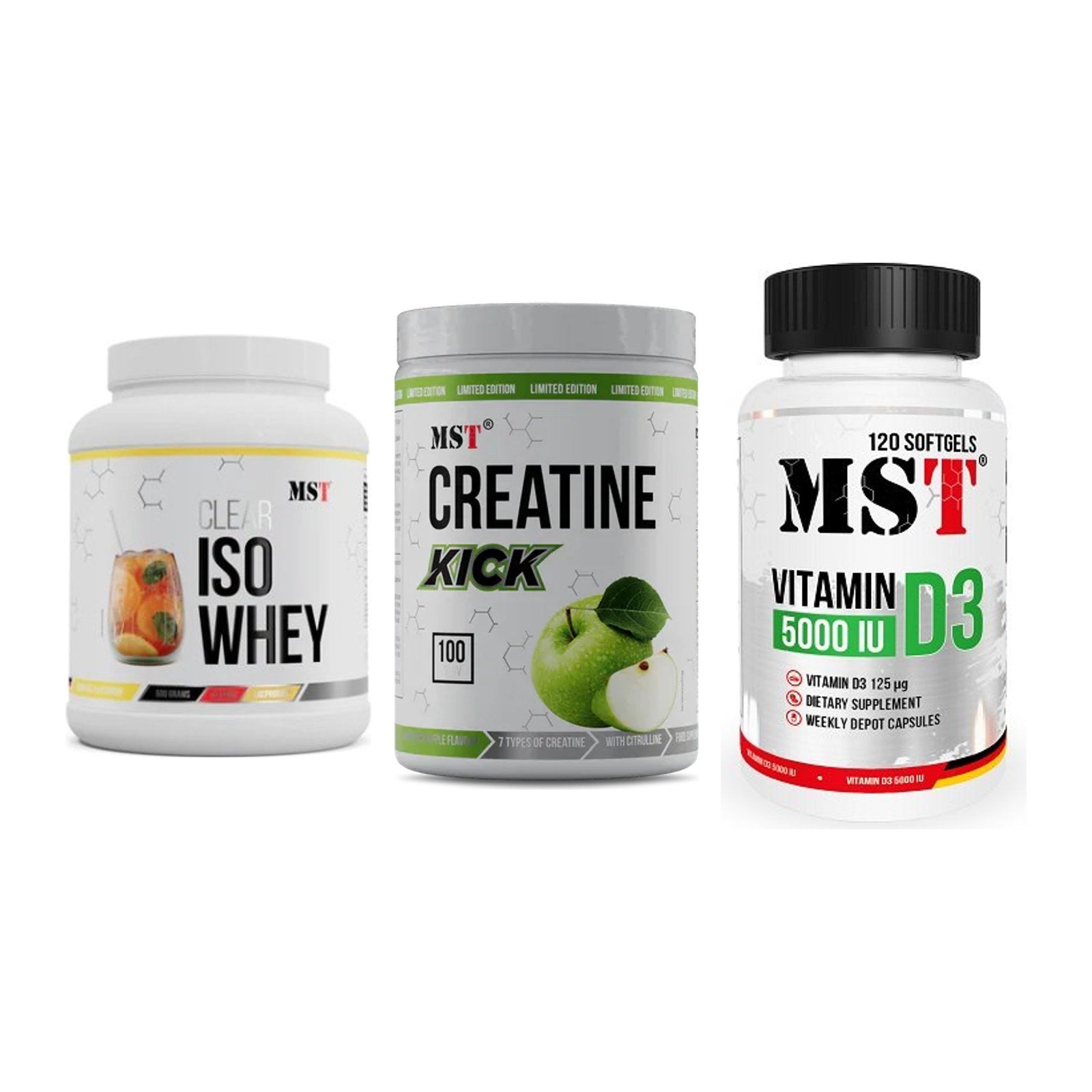 MST Marken-Trio: Iso Clear + Creatine Kick + Vitamin D3 – alle enthaltenen Artikel