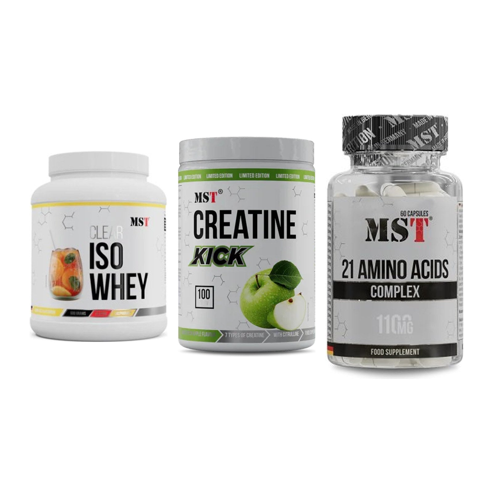 MST Marken-Trio: Iso Clear + Creatine Kick + 21 Amino Acids – alle enthaltenen Artikel