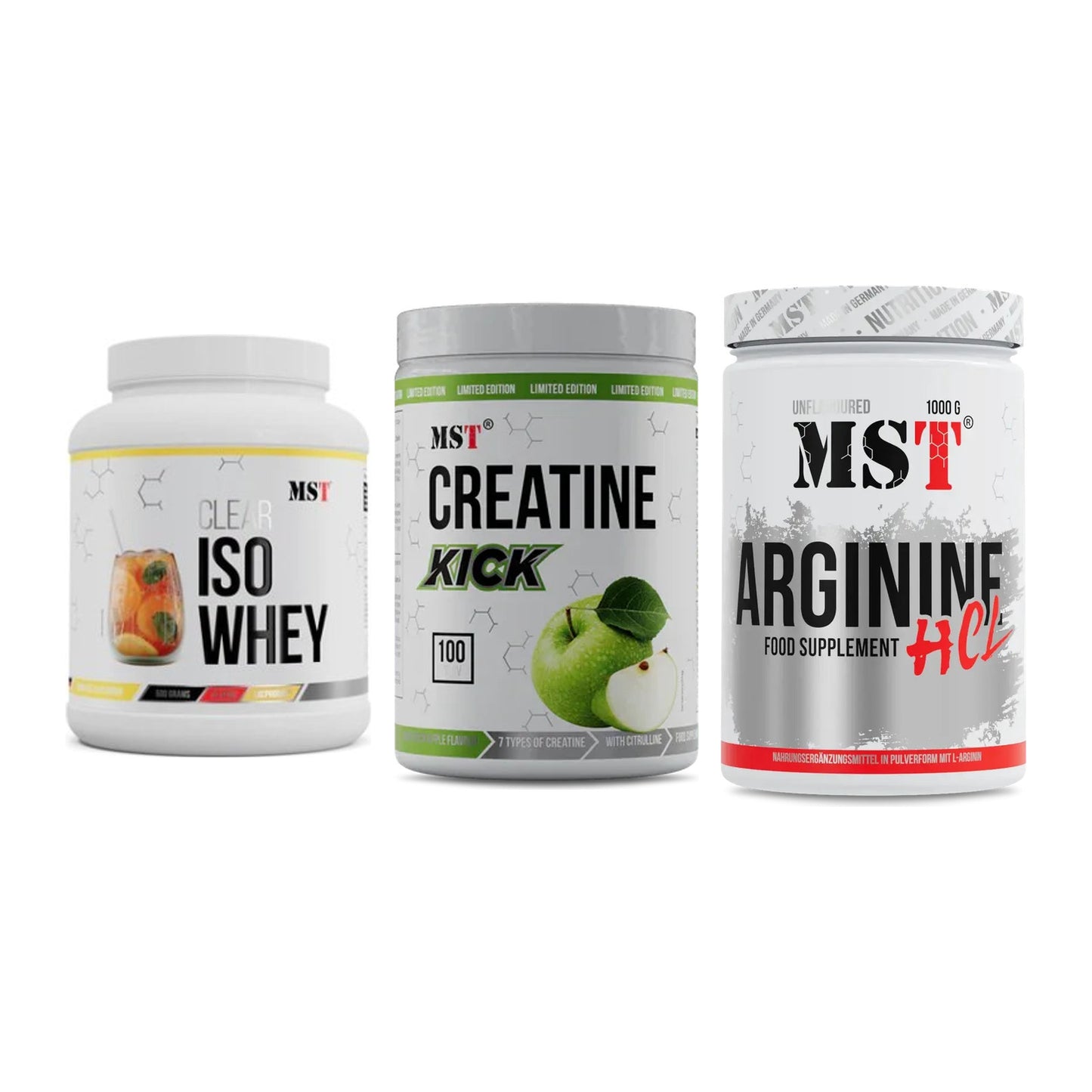 MST Marken-Trio: Iso Clear + Creatine Kick + Arginine HCL – alle enthaltenen Artikel