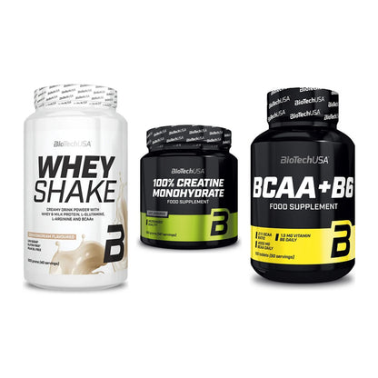 BioTech USA Marken-Trio: Whey Shake + Creatine + BCAA+B6 100 – alle enthaltenen Artikel