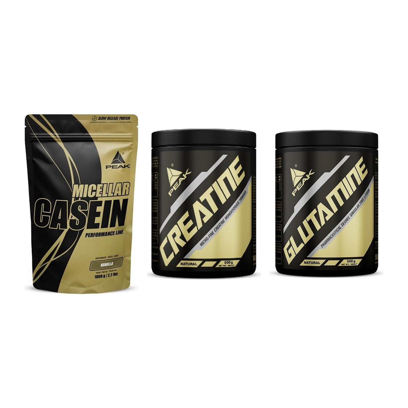 Peak Marken-Trio: Micellar Casein + Creatin Powder + Glutamin – alle enthaltenen Artikel