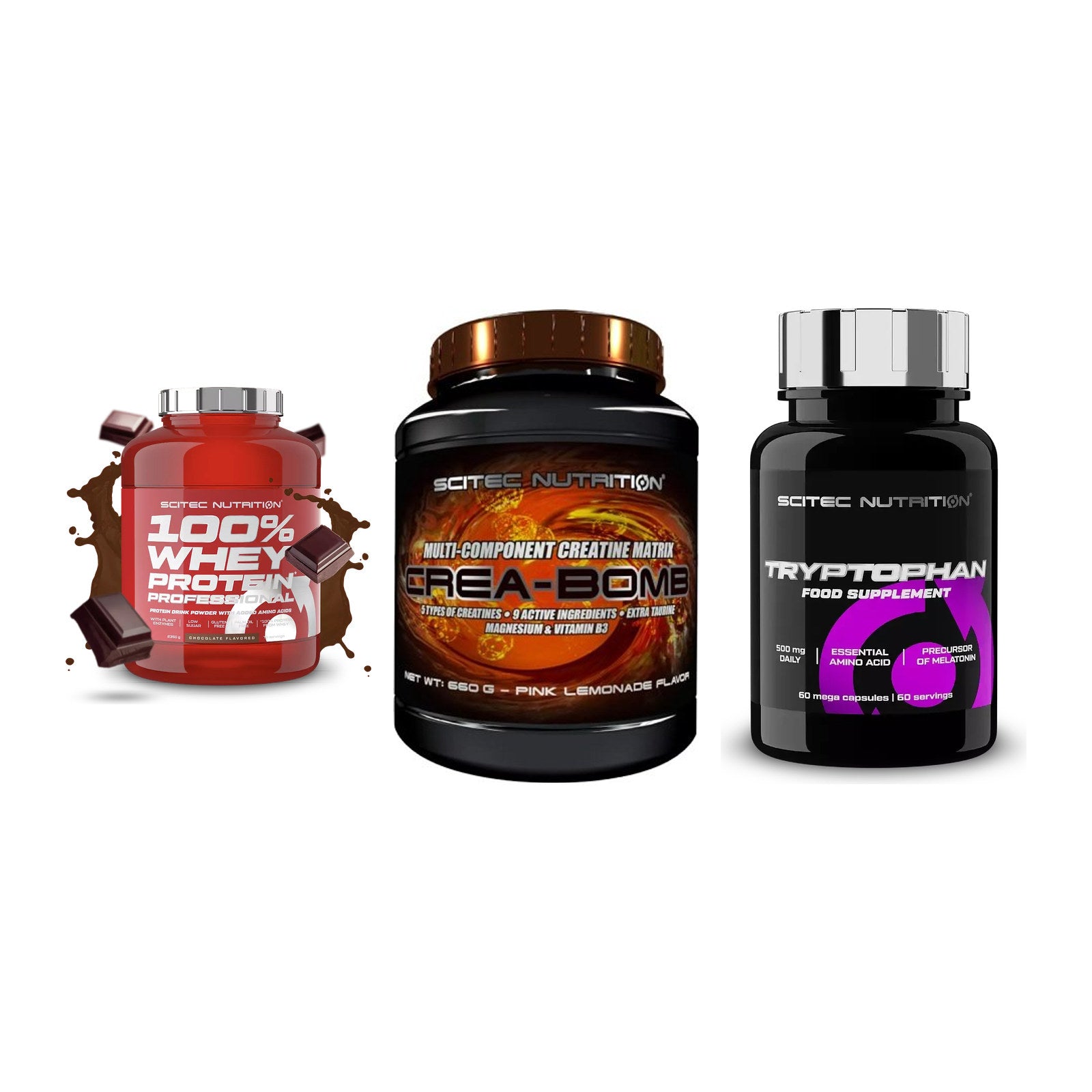 Scitec Nutrition Marken-Trio: 100% Whey + Crea-Bomb + 1 weitere – alle enthaltenen Artikel