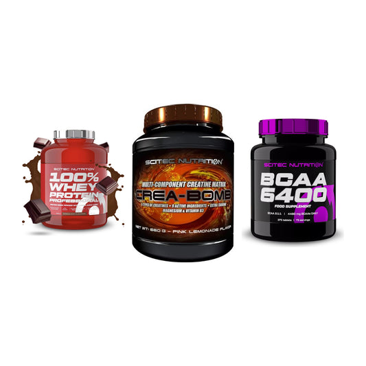 Scitec Nutrition Marken-Trio: 100% Whey + Crea-Bomb + 1 weitere – alle enthaltenen Artikel