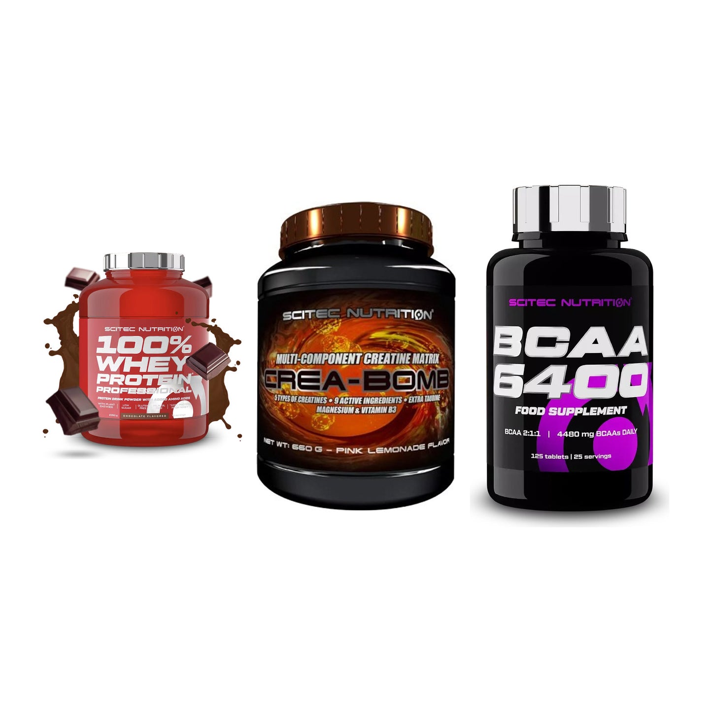 Scitec Nutrition Marken-Trio: 100% Whey + Crea-Bomb + 1 weitere – alle enthaltenen Artikel