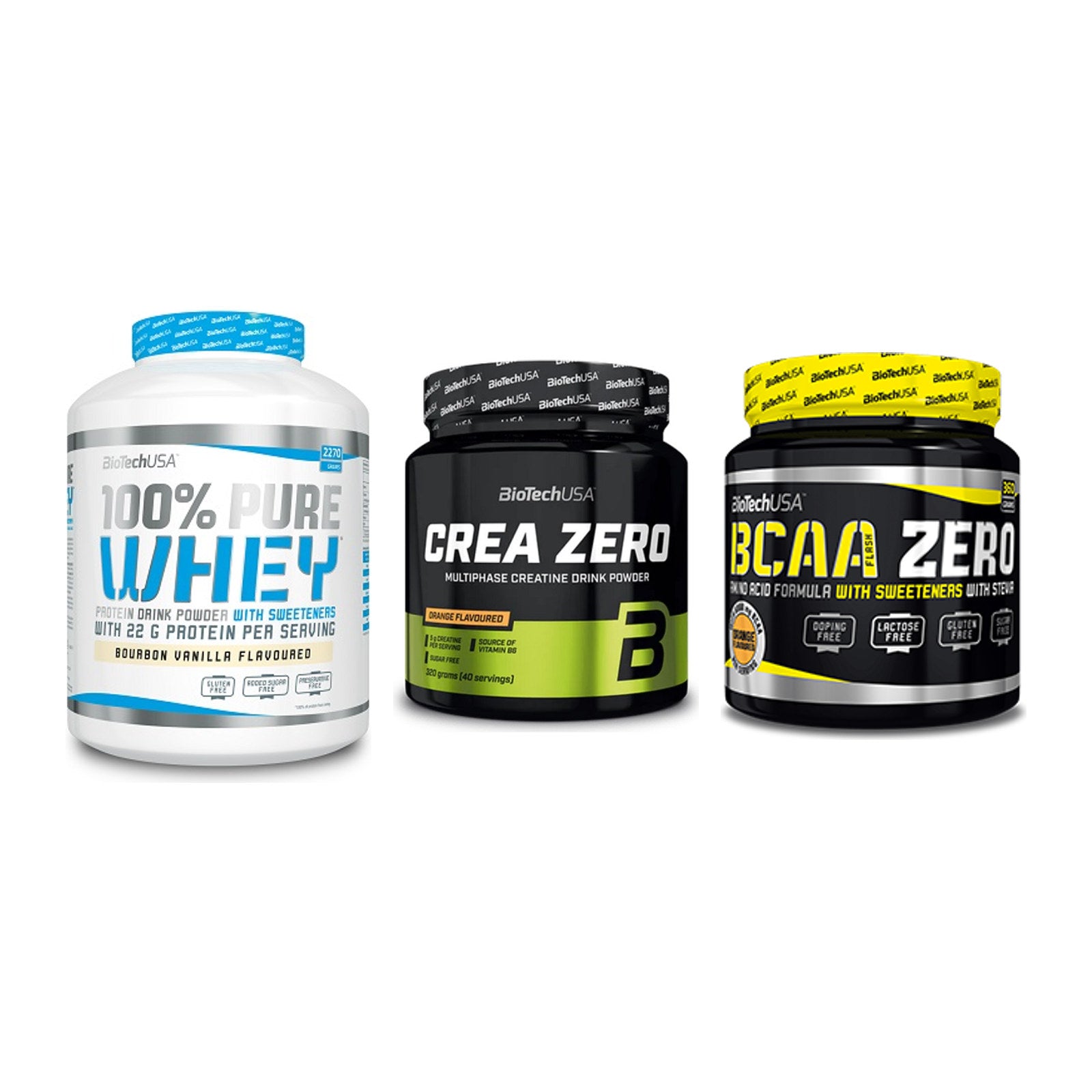 BioTech USA Marken-Trio: 100% Pure Whey + Crea Zero + BCAA Zero – alle enthaltenen Artikel