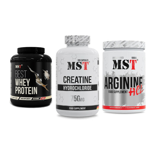MST Marken-Trio: Best Whey Protein + Creatine HCL + Arginine HCL – alle enthaltenen Artikel