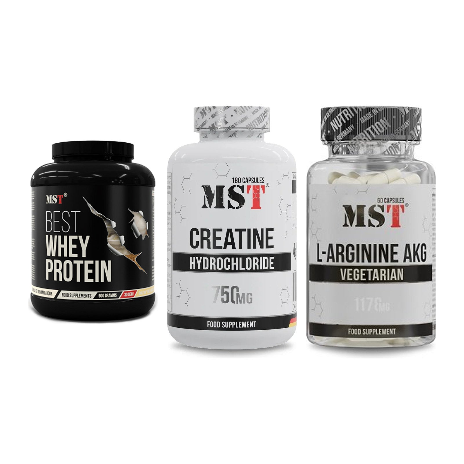MST Marken-Trio: Best Whey + Creatine HCL + Arginin AAKG – alle enthaltenen Artikel