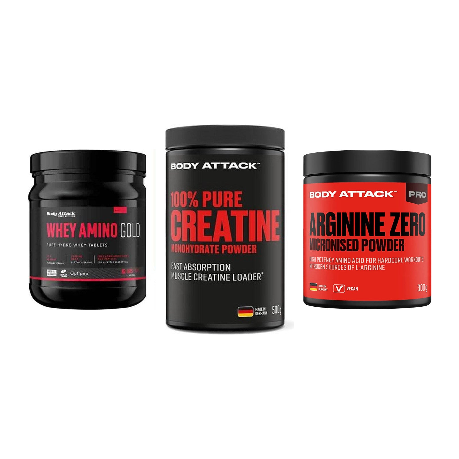 Body Attack Marken-Trio: Attack Whey + Attack 100% + Attack 100 % – alle enthaltenen Artikel