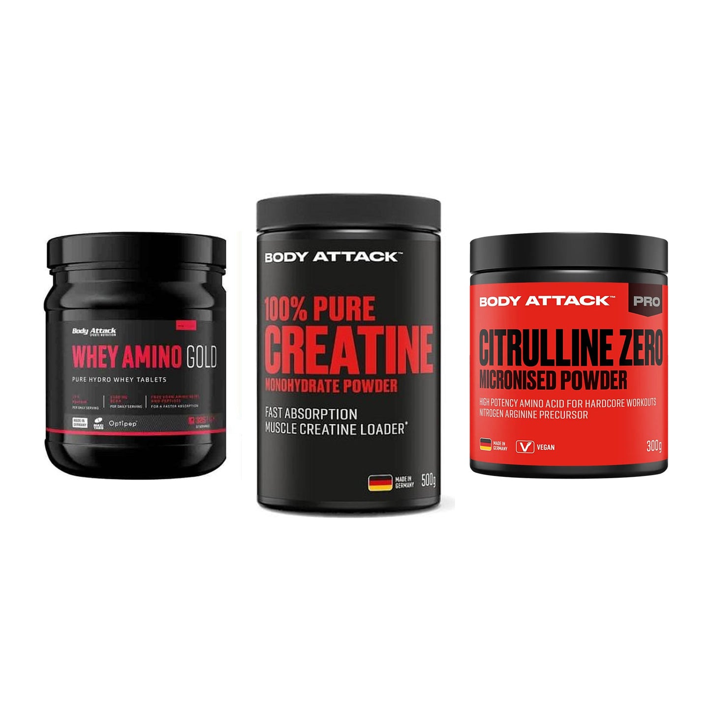 Body Attack Marken-Trio: Attack Whey + Attack 100% + Attack 100 % – alle enthaltenen Artikel