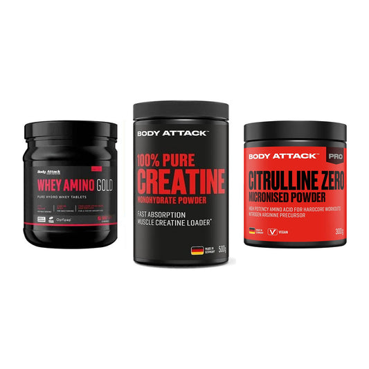 Body Attack Marken-Trio: Attack Whey + Attack 100% + Attack 100 % – alle enthaltenen Artikel