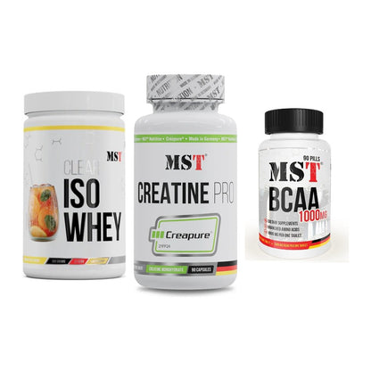 MST Marken-Trio: Iso Clear + Creatine Pro + BCAA 1000 (90 – alle enthaltenen Artikel