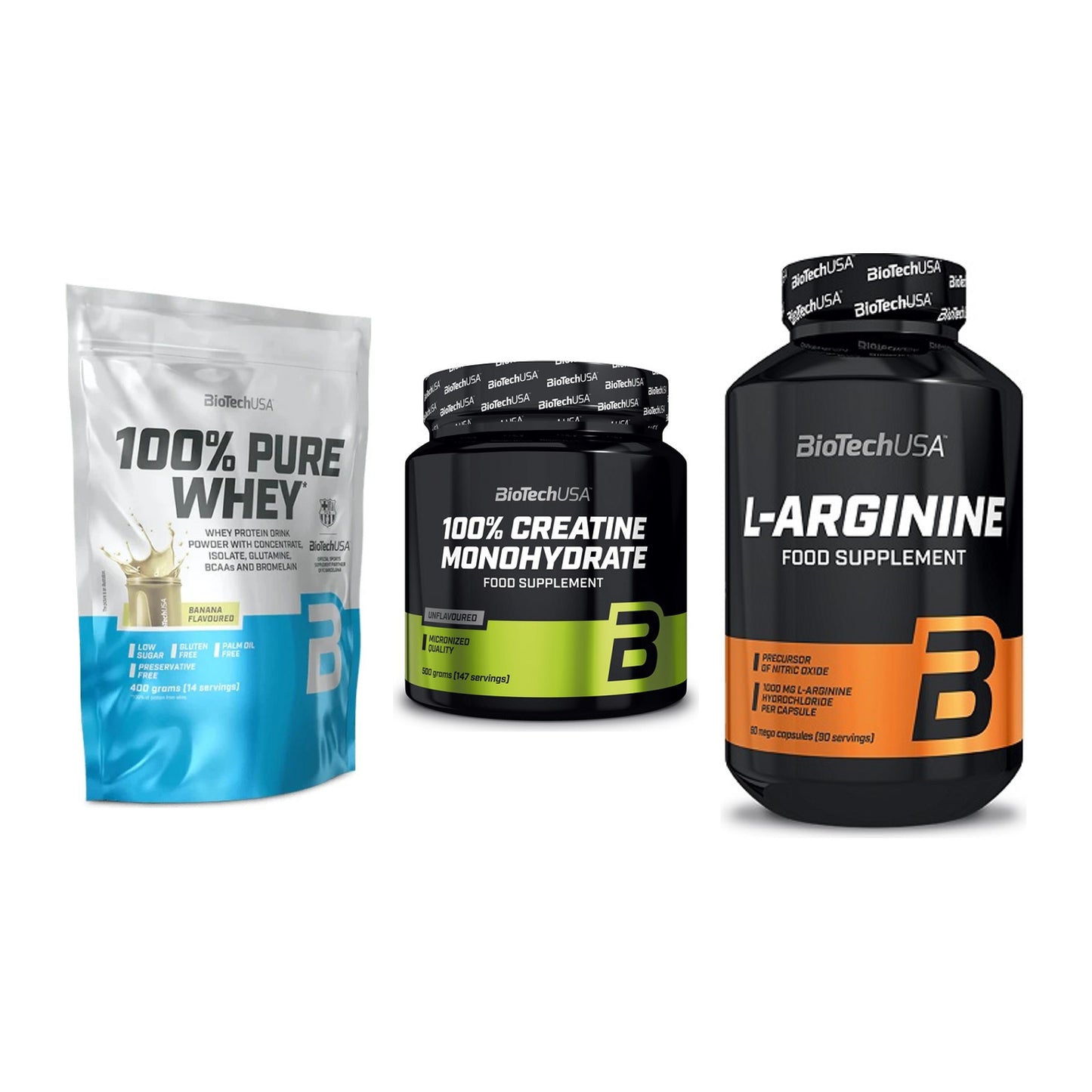 BioTech USA Marken-Trio: 100% Pure + Creatine + L-Arginine – alle enthaltenen Artikel
