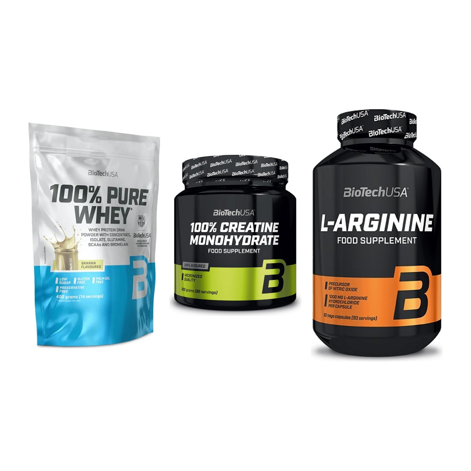 BioTech USA Marken-Trio: 100% Pure + Creatine + L-Arginine – alle enthaltenen Artikel