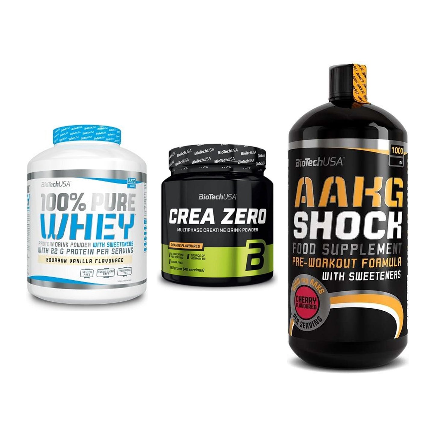 BioTech USA Marken-Trio: 100% Pure + Crea Zero + AAKG Shock – alle enthaltenen Artikel