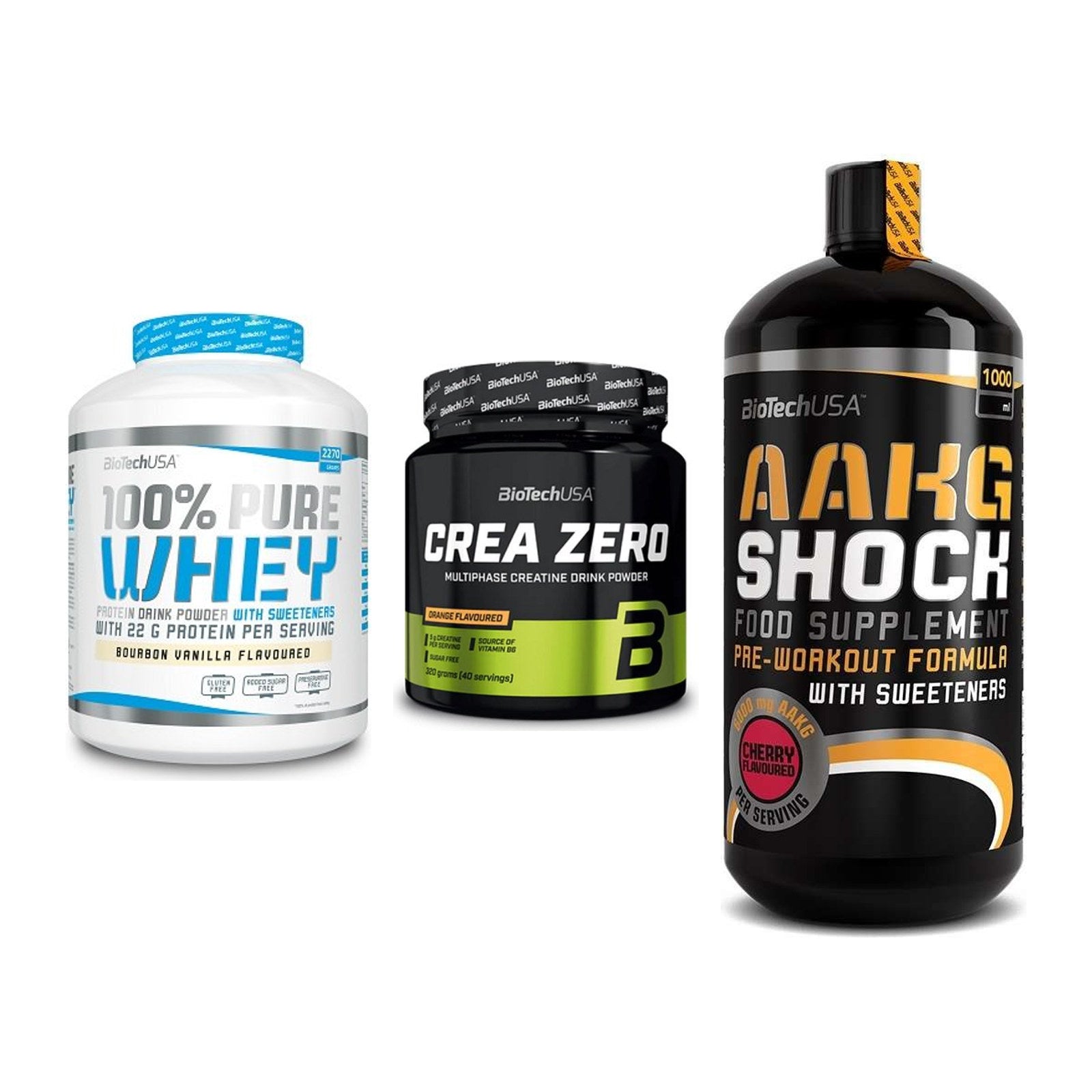 BioTech USA Marken-Trio: 100% Pure + Crea Zero + AAKG Shock – alle enthaltenen Artikel
