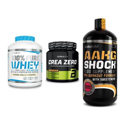 BioTech USA Marken-Trio: 100% Pure + Crea Zero + AAKG Shock – alle enthaltenen Artikel