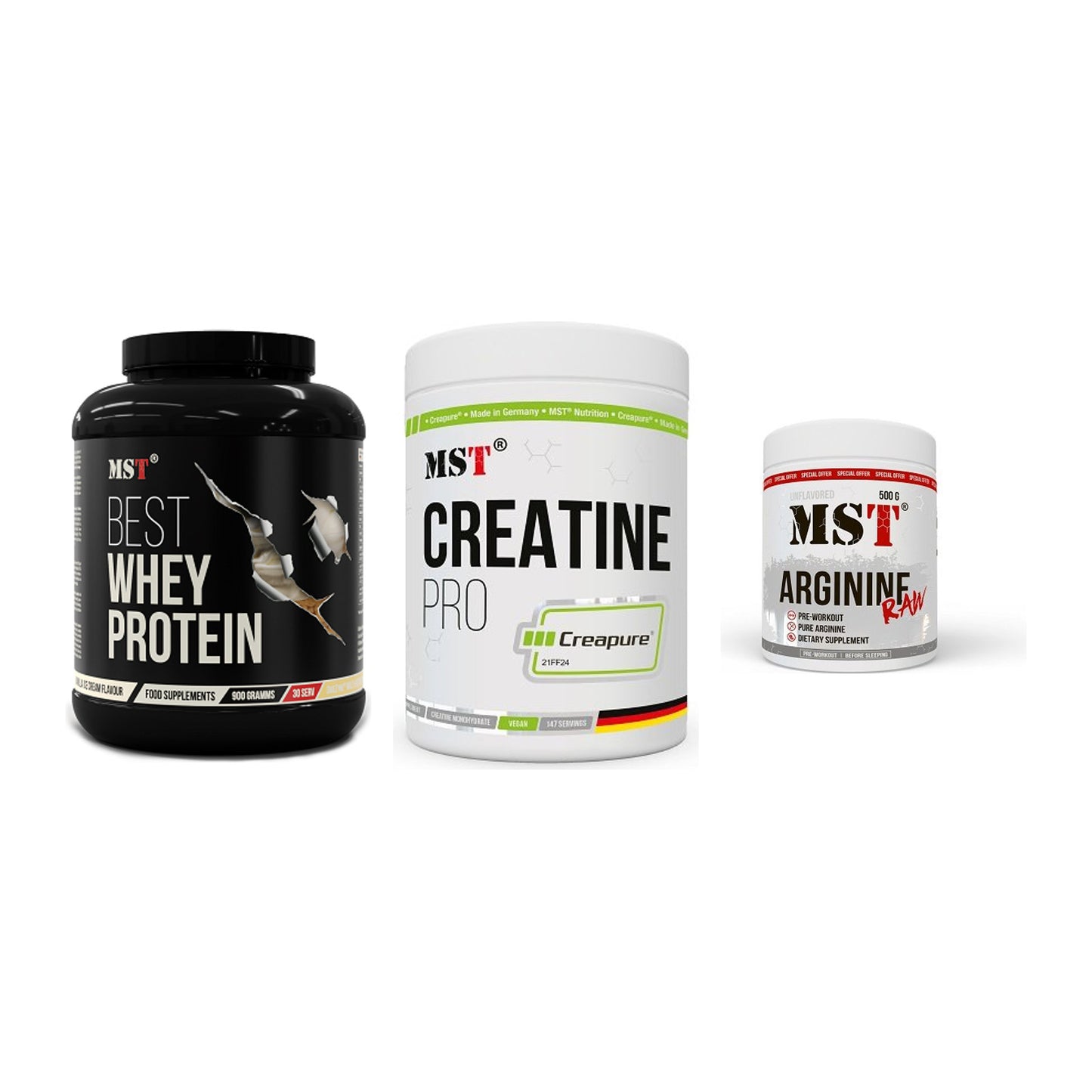 MST Marken-Trio: Best Whey + Creatin Pro + Arginine RAW – alle enthaltenen Artikel