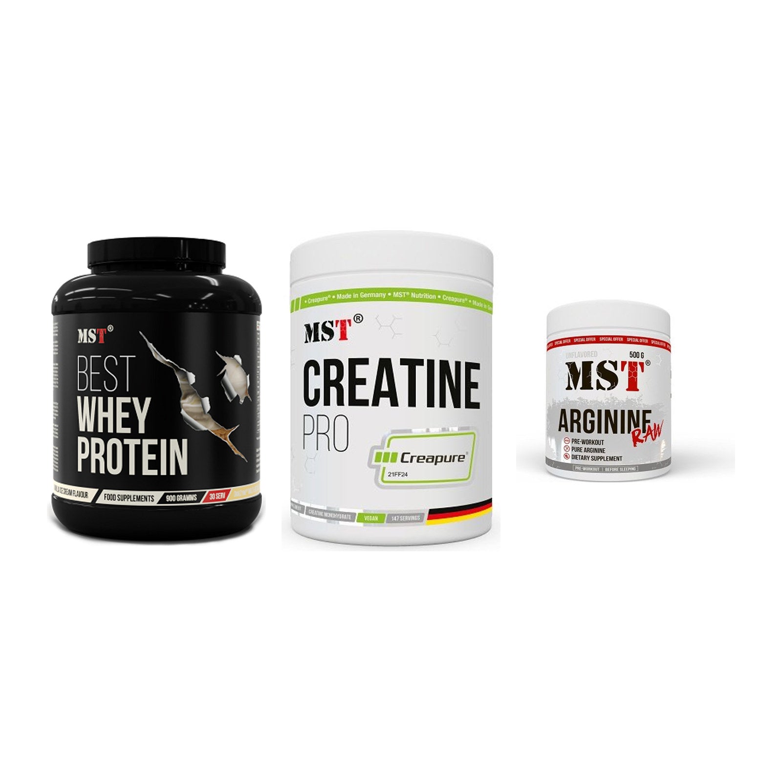 MST Marken-Trio: Best Whey + Creatin Pro + Arginine RAW – alle enthaltenen Artikel