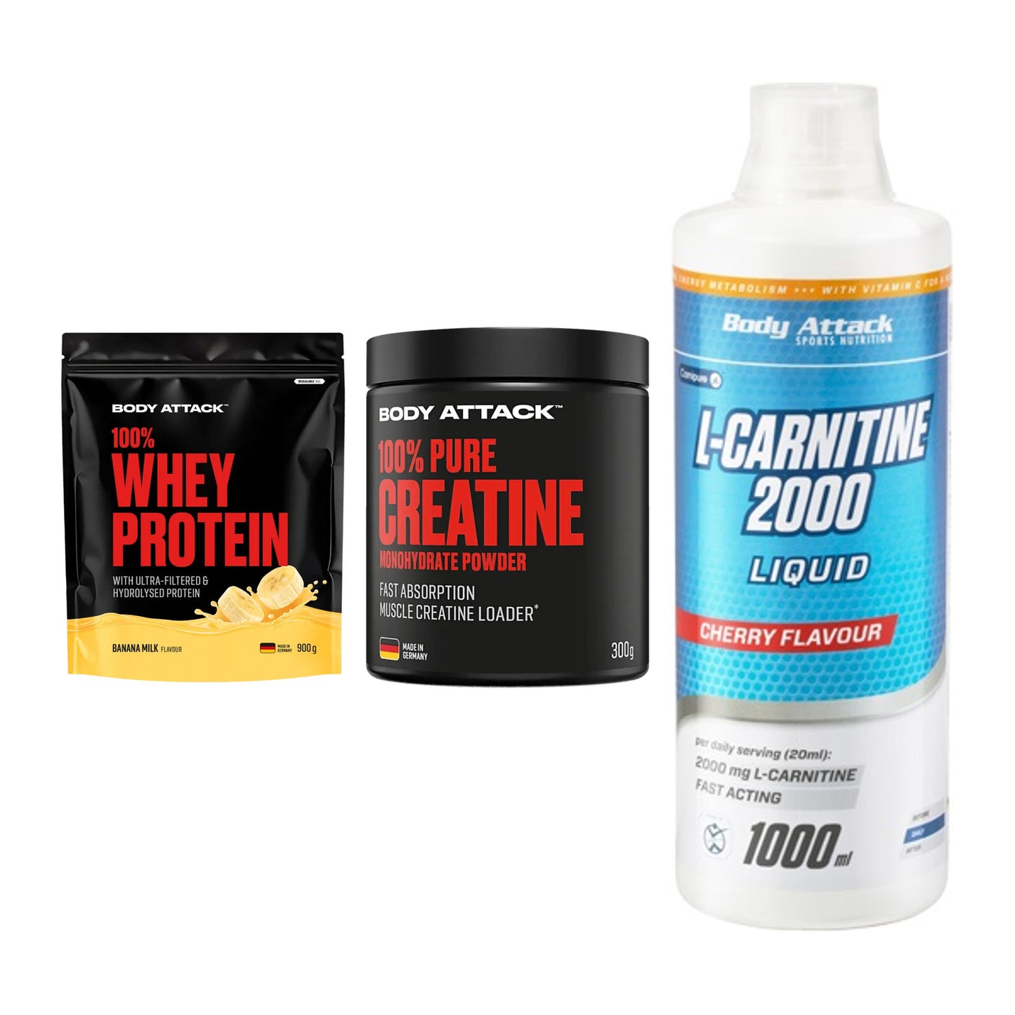 Body Attack Marken-Trio: Attack 100% Whey Protein + 2 weitere – alle enthaltenen Artikel