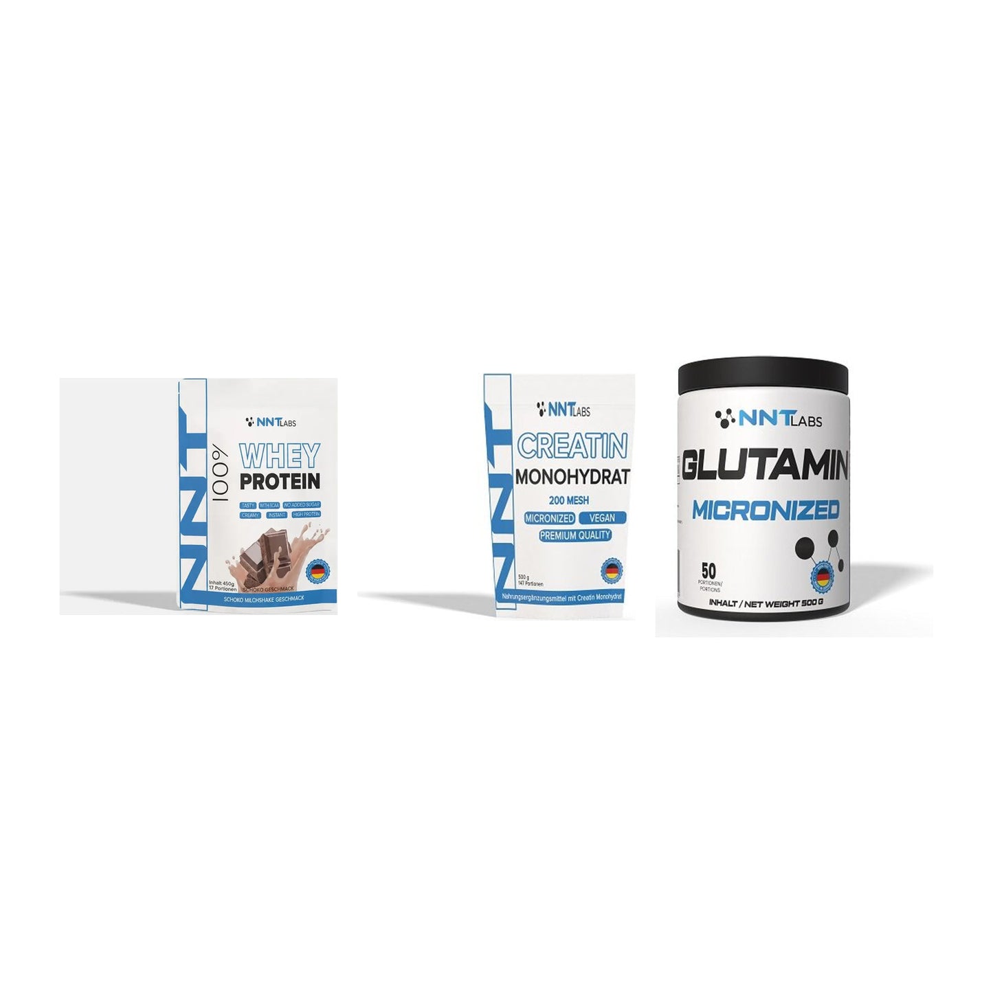 NNT Labs Marken-Trio: Whey 450g + Creatin Monohy + Glutamin – alle enthaltenen Artikel