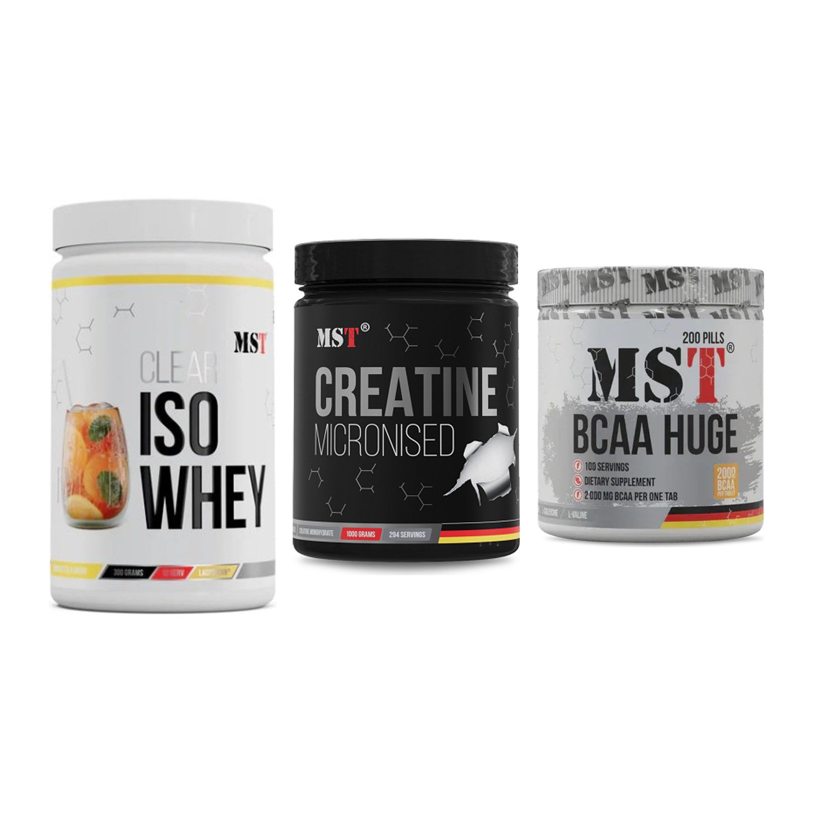 MST Marken-Trio: Iso Clear + Creatin Monohyd + BCAA Huge 200 – alle enthaltenen Artikel