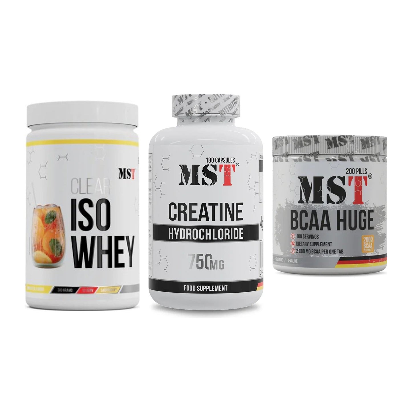 MST Marken-Trio: Iso Clear + Creatine HCL + BCAA Huge 200 – alle enthaltenen Artikel