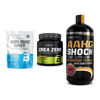 BioTech USA Marken-Trio: 100% Pure + Crea Zero + AAKG Shock – alle enthaltenen Artikel