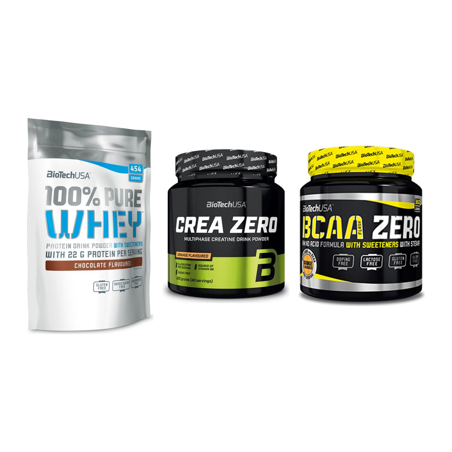 BioTech USA Marken-Trio: 100% Pure Whey + Crea Zero + BCAA Zero – alle enthaltenen Artikel